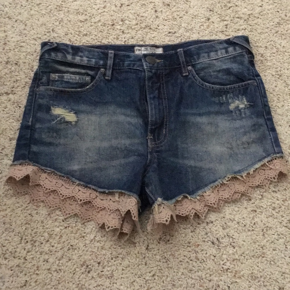 Free People Lace Trimmed Denim Shorts